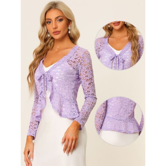 Floral Lace Shrug Tie Front Ruffled Hem Sheer Crop Bolero Cardigan Light Purple - Picture 2 of 6